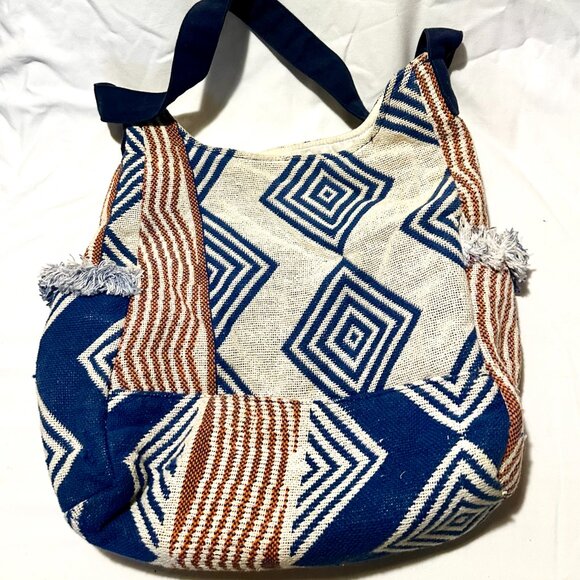 Roxy Boho Shoulder Bag Geometric Woven Hobo Tote Blue Tan Slouchy Canvas-AC133 - Picture 5 of 8